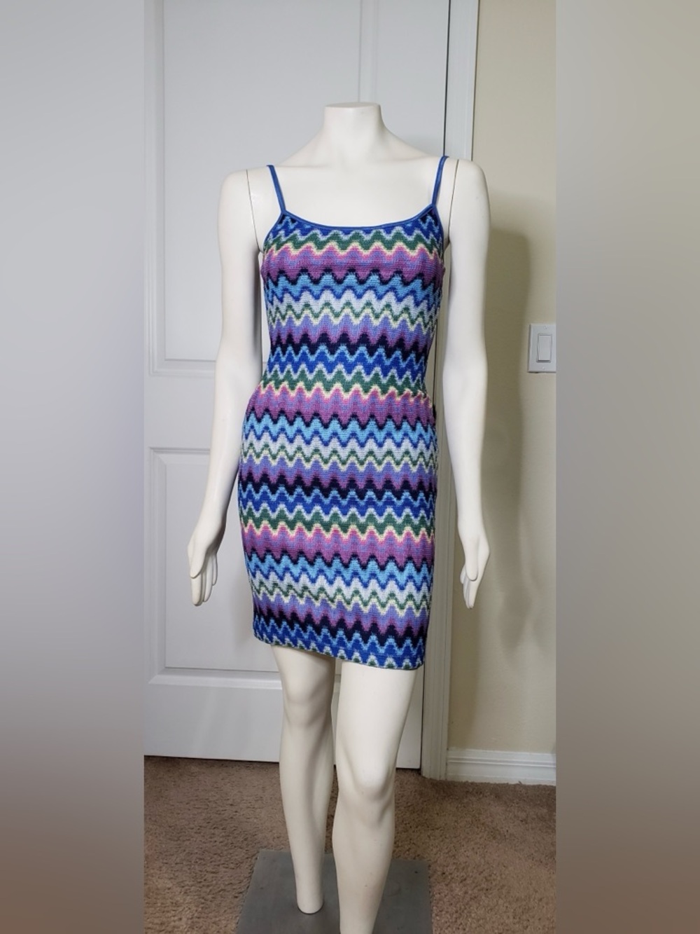 Vintage Rave City Multicolor Zigzag Knit Mini Dress Blue Pink Y2K Size Small